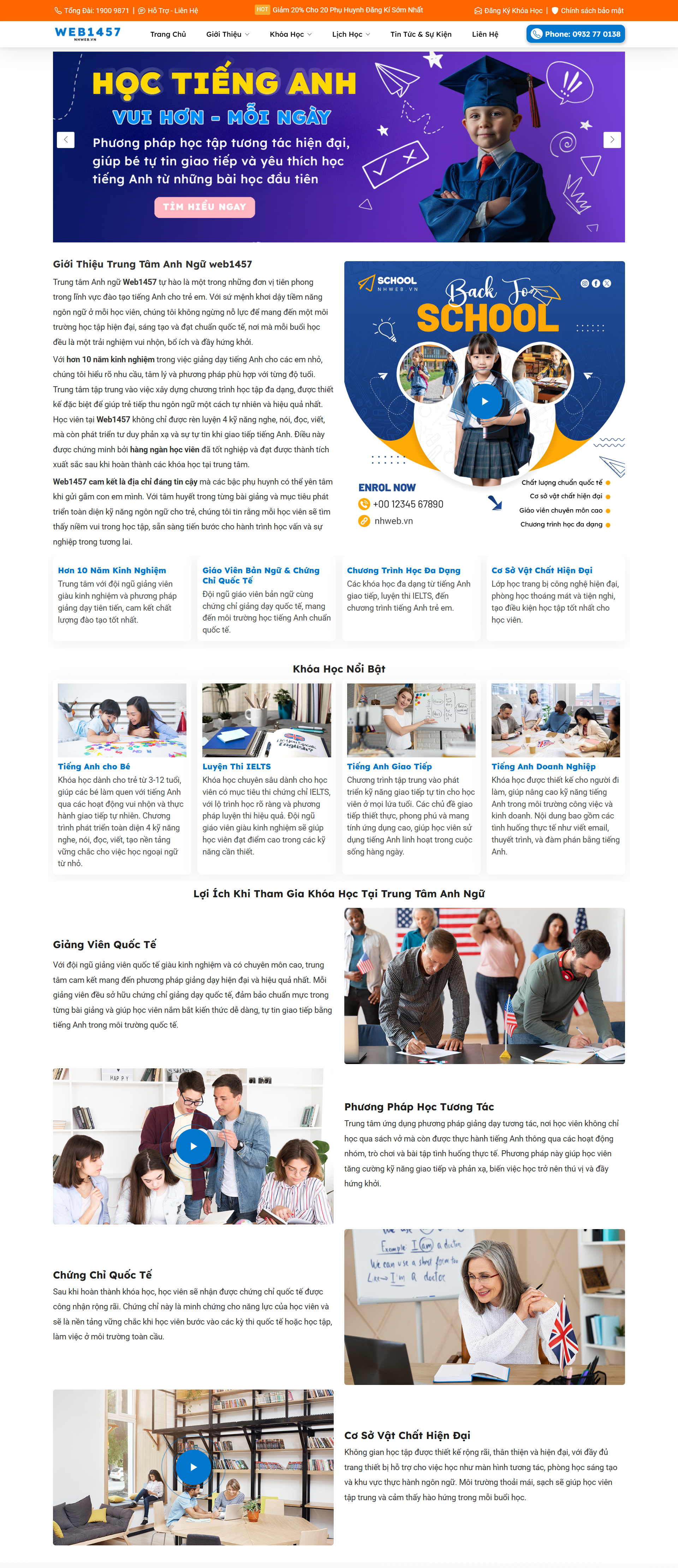 Mẫu website Trung Tâm Tiếng Anh, dẫn đầu trong Học Tập, chạm đến Thành Công